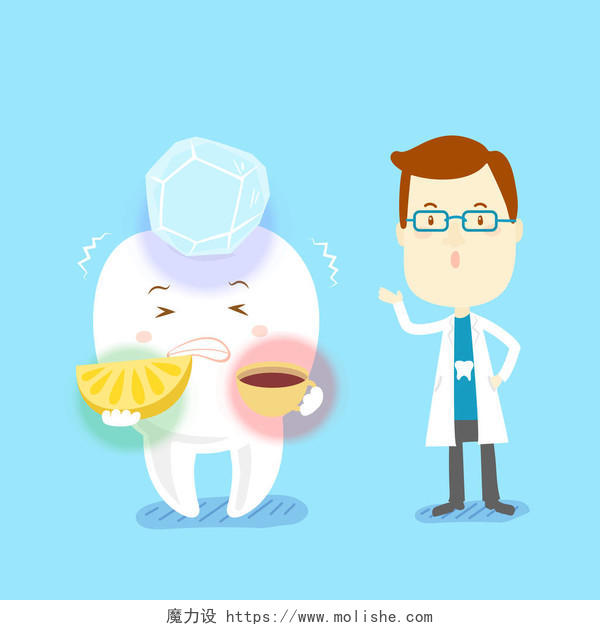 可爱的卡通医生与敏感牙齿问题口腔牙齿口腔牙齿